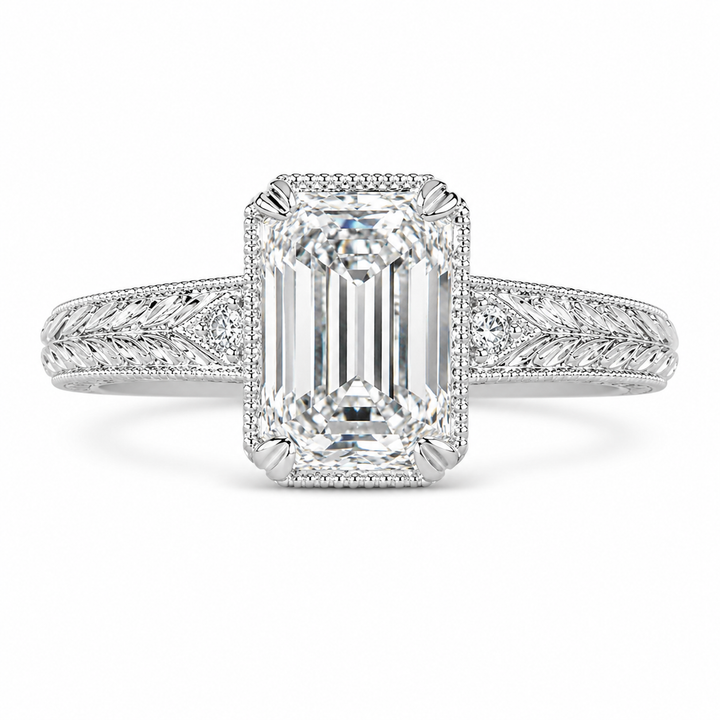 3.50 CT Vintage Inspired Criss Cut Lab-Grown Diamond Engagement Ring in 14K White Gold â€“ Hand-Engraved Art Deco Cathedral Design from Diamond Studio
