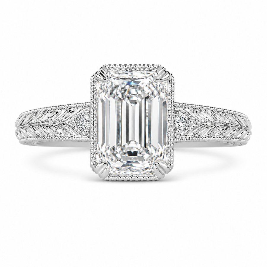 3.50 CT Vintage Inspired Criss Cut Lab-Grown Diamond Engagement Ring in 14K White Gold – Hand-Engraved Art Deco Cathedral Design