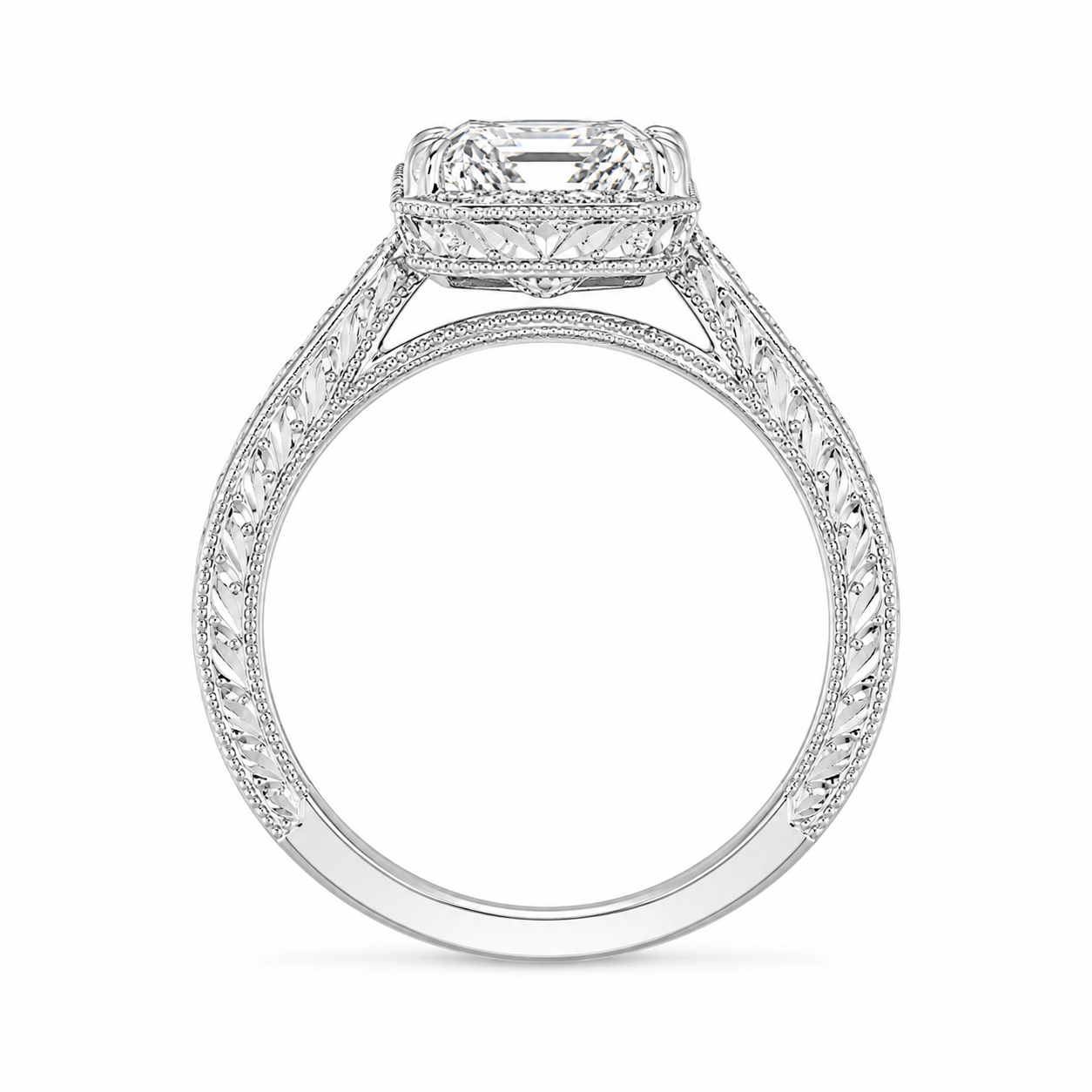 3.50 CT Vintage Inspired Criss Cut Lab-Grown Diamond Engagement Ring in 14K White Gold – Hand-Engraved Art Deco Cathedral Design