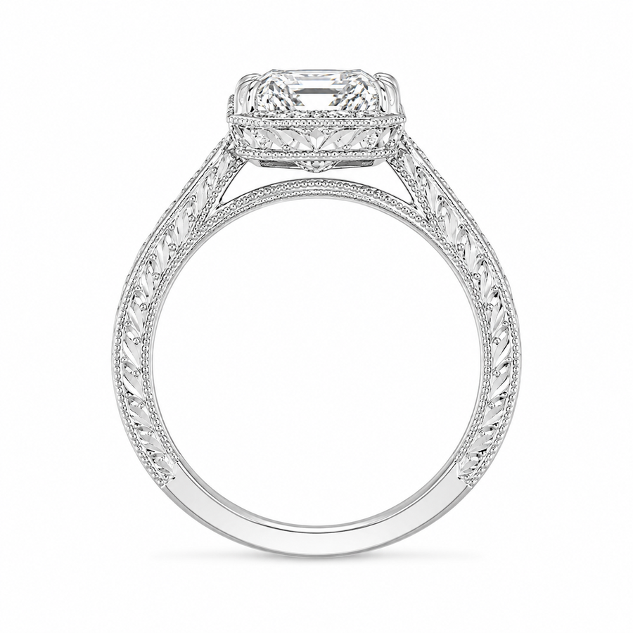 3.50 CT Vintage Inspired Criss Cut Lab-Grown Diamond Engagement Ring in 14K White Gold – Hand-Engraved Art Deco Cathedral Design