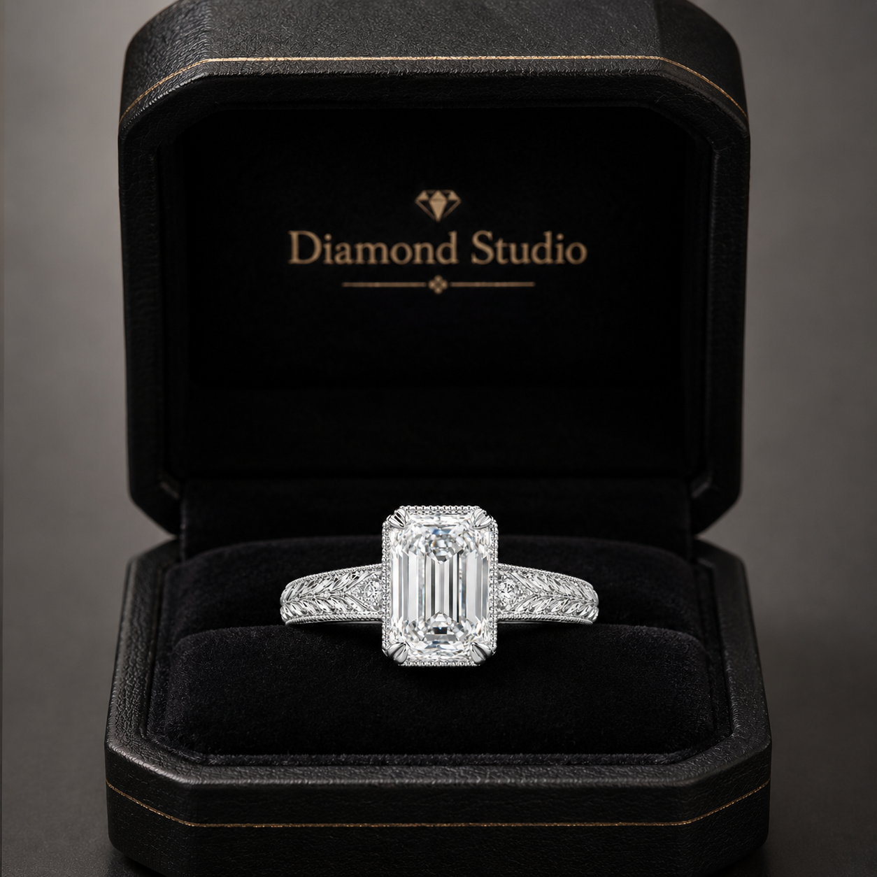 3.50 CT Vintage Inspired Criss Cut Lab-Grown Diamond Engagement Ring in 14K White Gold – Hand-Engraved Art Deco Cathedral Design