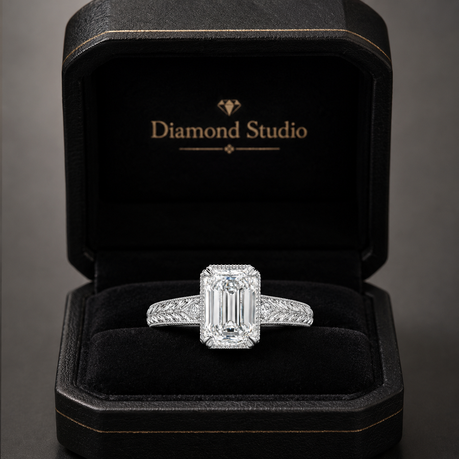 3.50 CT Vintage Inspired Criss Cut Lab-Grown Diamond Engagement Ring in 14K White Gold – Hand-Engraved Art Deco Cathedral Design