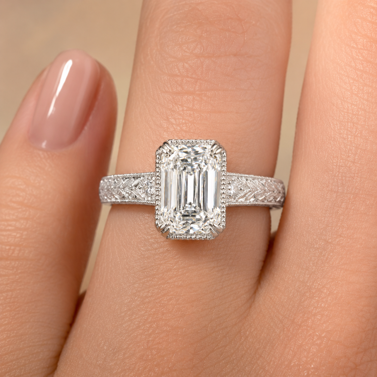 3.50 CT Vintage Inspired Criss Cut Lab-Grown Diamond Engagement Ring in 14K White Gold – Hand-Engraved Art Deco Cathedral Design