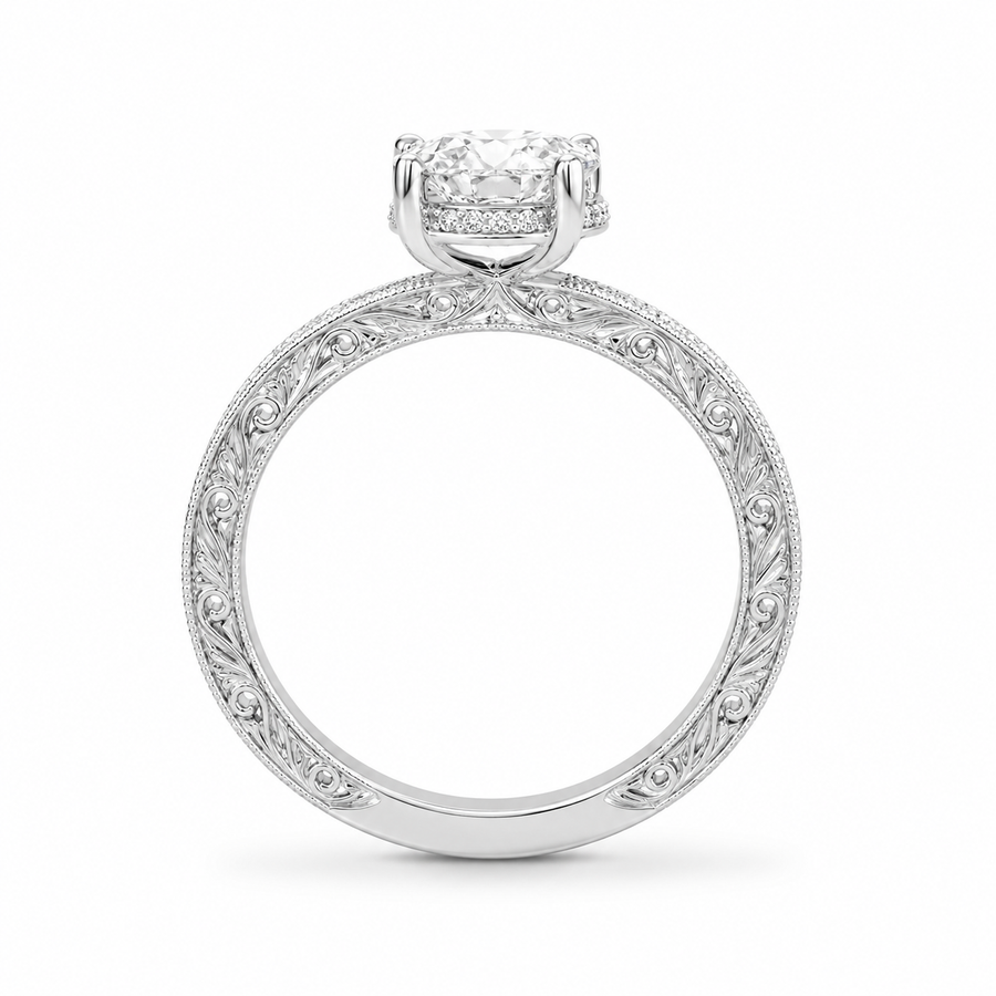 2.00 CT Oval Lab-Grown Diamond Vintage Engagement Ring in 14K White Gold – Hand-Engraved Art Deco Hidden Halo Design