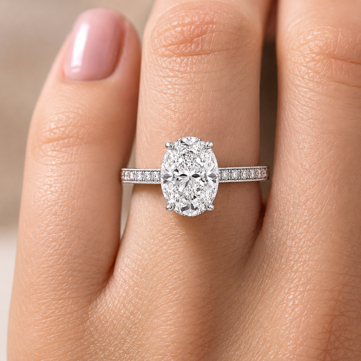 2.00 CT Oval Lab-Grown Diamond Vintage Engagement Ring in 14K White Gold – Hand-Engraved Art Deco Hidden Halo Design