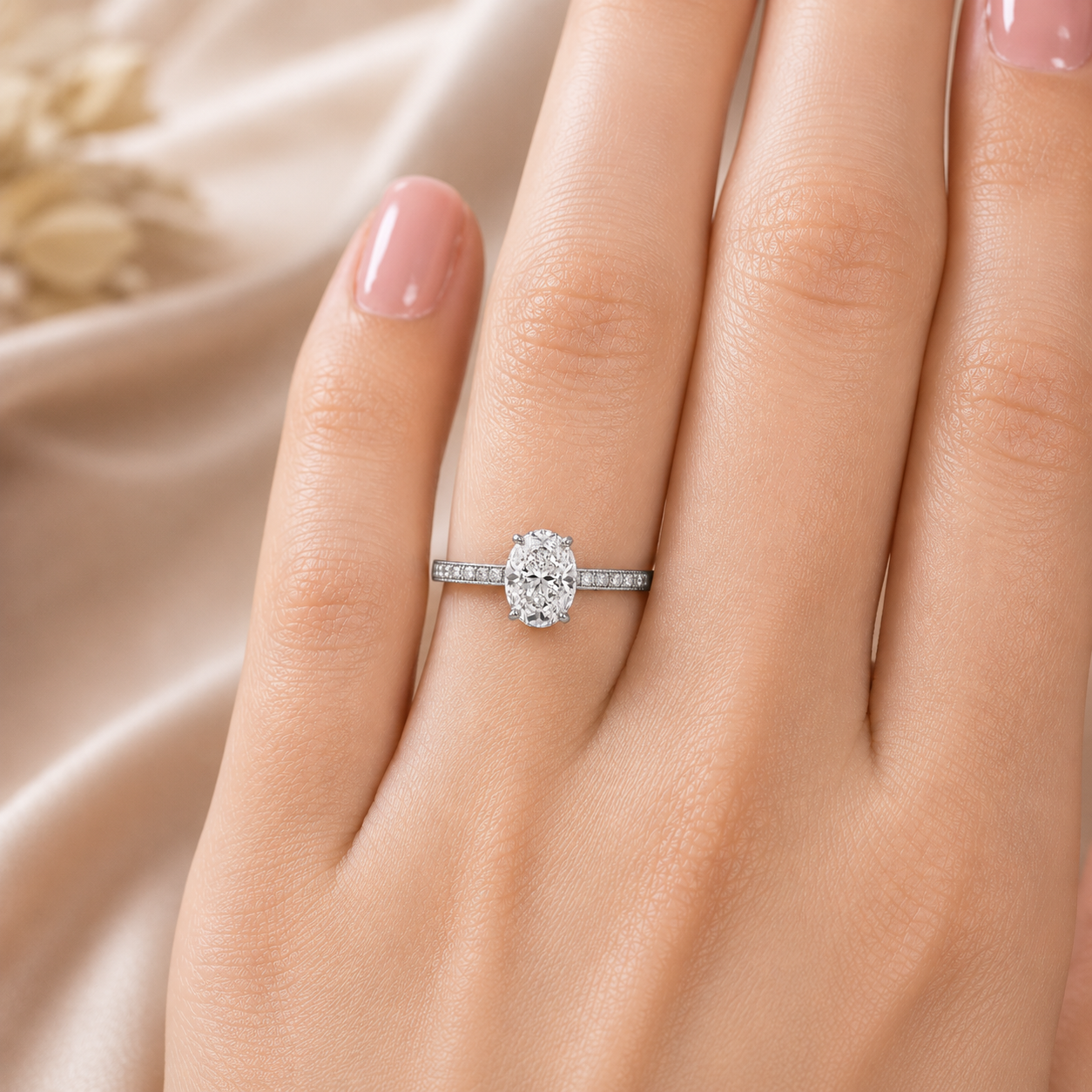 2.00 CT Oval Lab-Grown Diamond Vintage Engagement Ring in 14K White Gold – Hand-Engraved Art Deco Hidden Halo Design