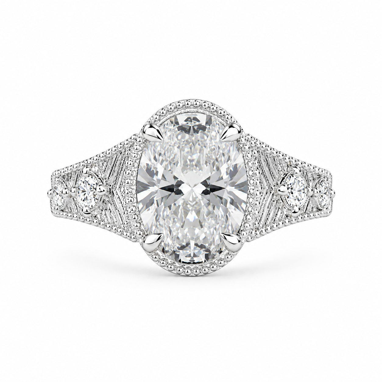 3.00 CT Art Deco Inspired Oval Cut Lab-Grown Diamond Engagement Ring in 14K White Gold – Antique Hand-Engraved Filigree Design
