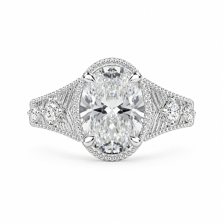 3.00 CT Art Deco Inspired Oval Cut Lab-Grown Diamond Engagement Ring in 14K White Gold â€“ Antique Hand-Engraved Filigree Design from Diamond Studio
