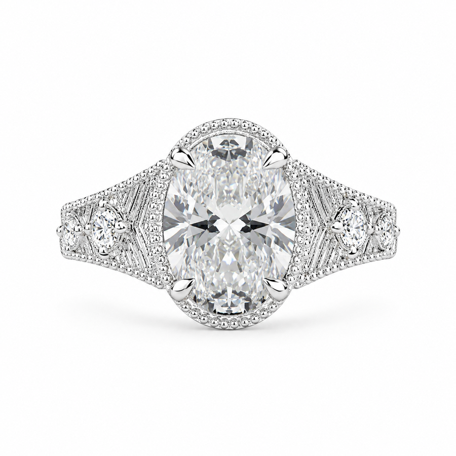 3.00 CT Art Deco Inspired Oval Cut Lab-Grown Diamond Engagement Ring in 14K White Gold – Antique Hand-Engraved Filigree Design