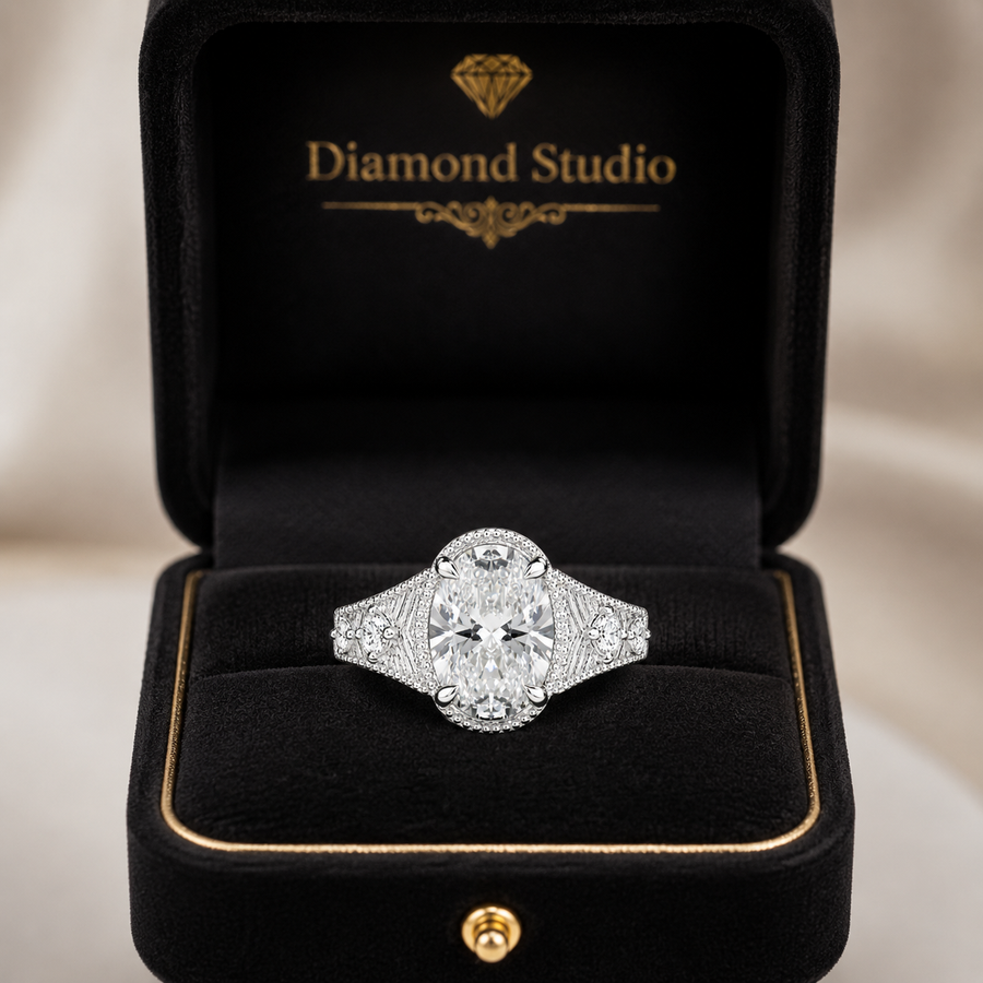 3.00 CT Art Deco Inspired Oval Cut Lab-Grown Diamond Engagement Ring in 14K White Gold – Antique Hand-Engraved Filigree Design