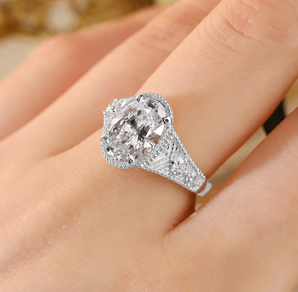 3.00 CT Art Deco Inspired Oval Cut Lab-Grown Diamond Engagement Ring in 14K White Gold – Antique Hand-Engraved Filigree Design