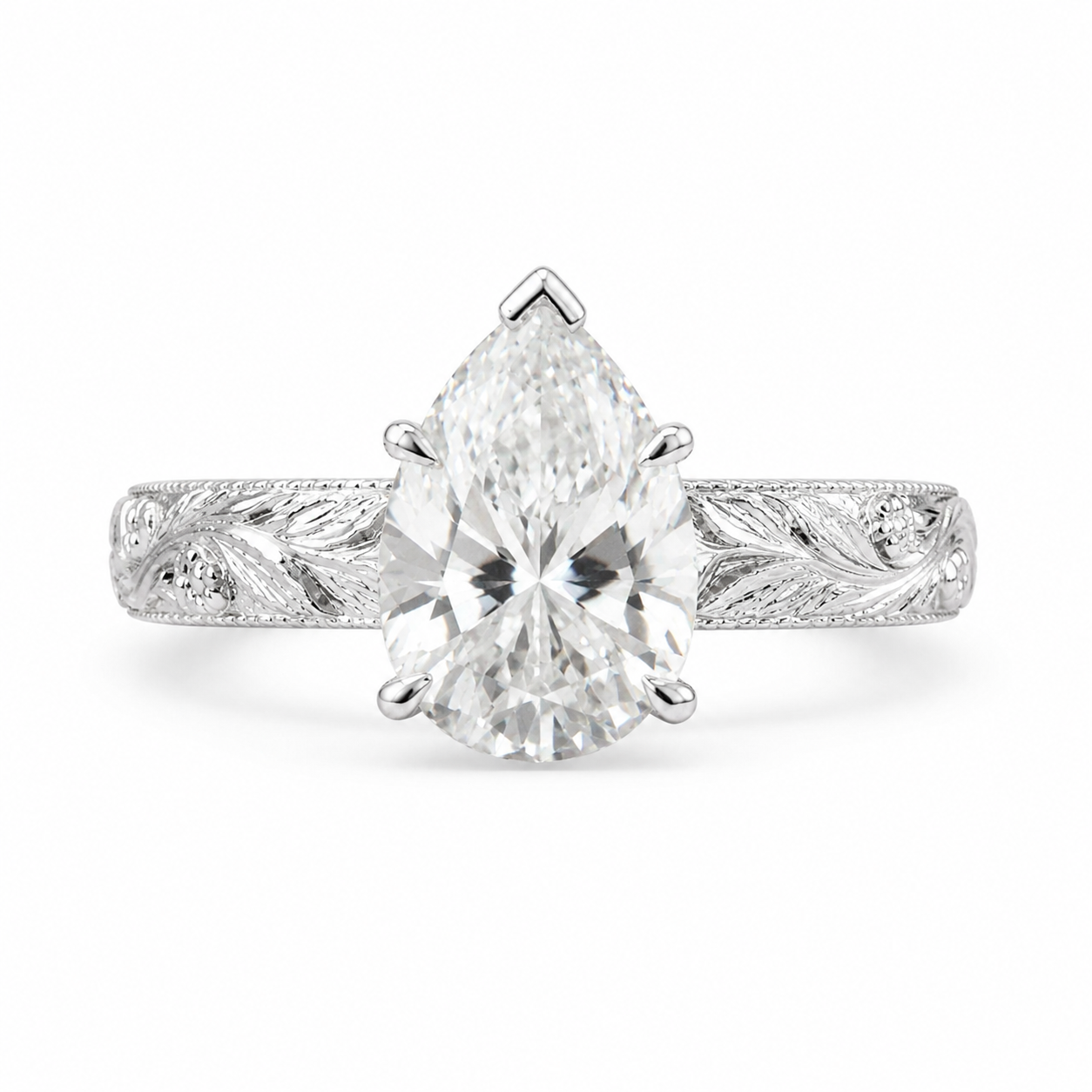 2.00 CT Vintage Inspired Pear Cut Lab-Grown Diamond Engagement Ring in 14K White Gold – Hand-Engraved Floral Art Deco Design
