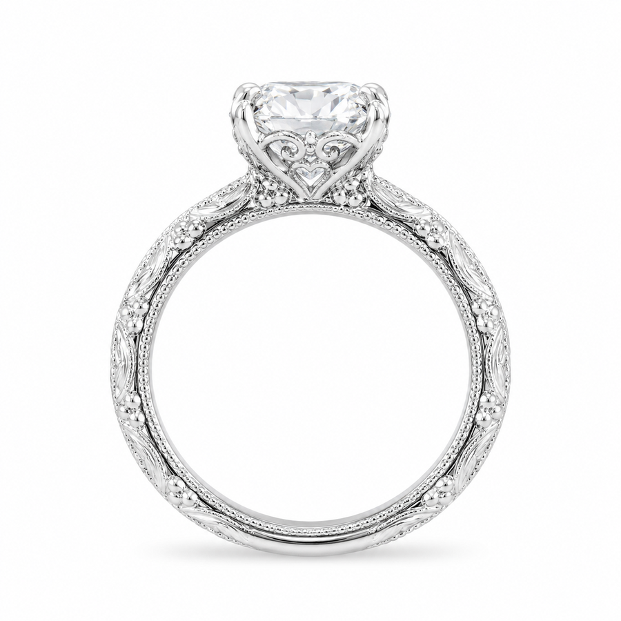 2.00 CT Vintage Inspired Pear Cut Lab-Grown Diamond Engagement Ring in 14K White Gold – Hand-Engraved Floral Art Deco Design