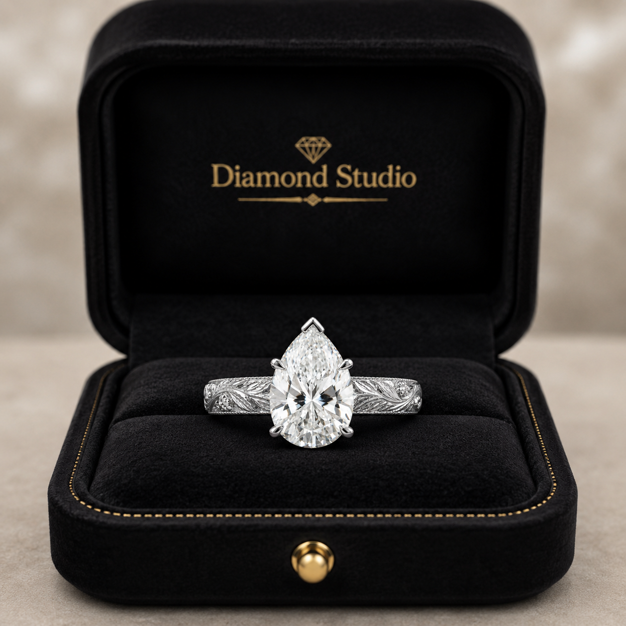2.00 CT Vintage Inspired Pear Cut Lab-Grown Diamond Engagement Ring in 14K White Gold – Hand-Engraved Floral Art Deco Design