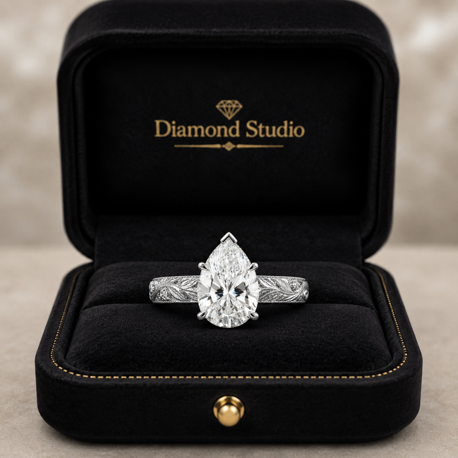 2.00 CT Vintage Inspired Pear Cut Lab-Grown Diamond Engagement Ring in 14K White Gold – Hand-Engraved Floral Art Deco Design