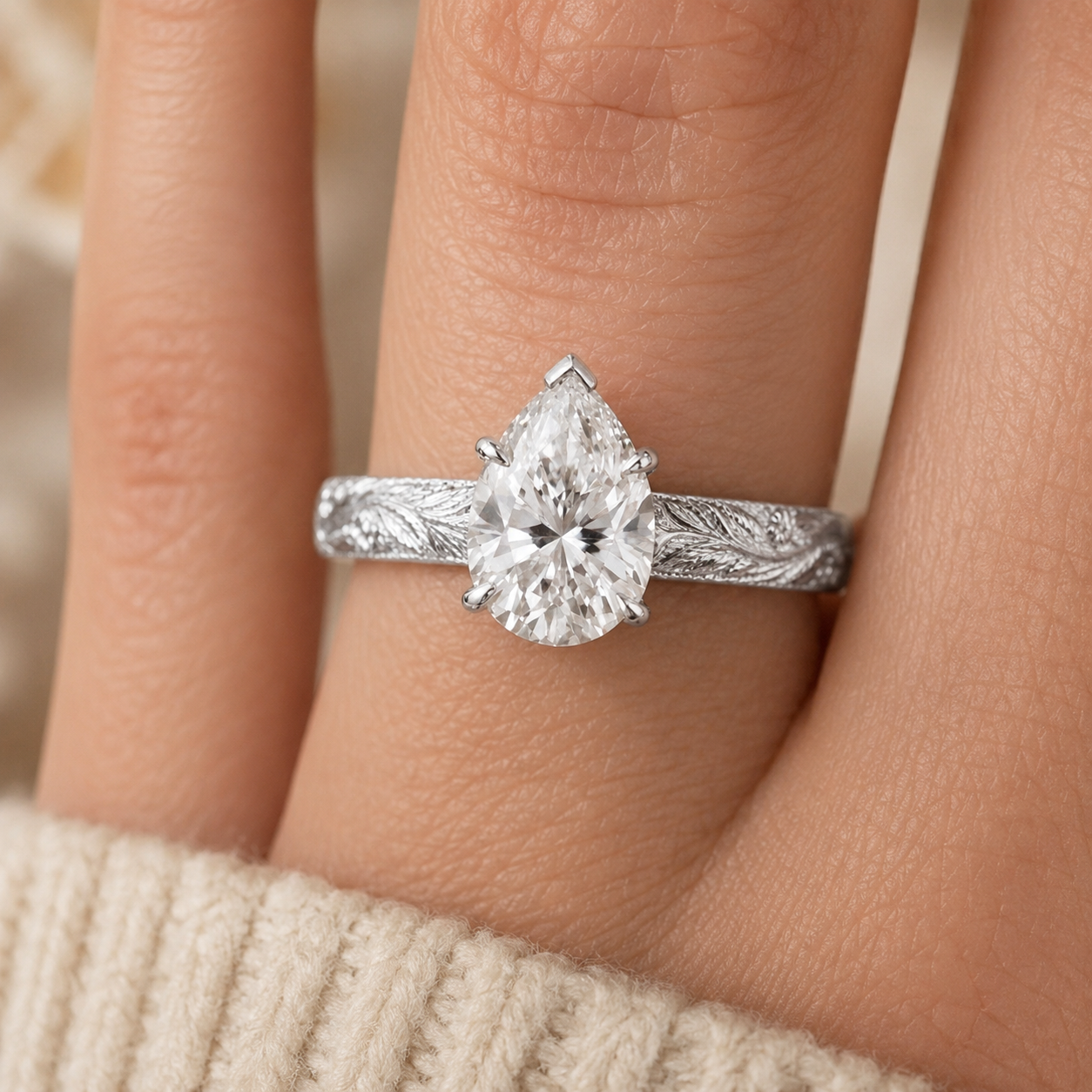 2.00 CT Vintage Inspired Pear Cut Lab-Grown Diamond Engagement Ring in 14K White Gold – Hand-Engraved Floral Art Deco Design