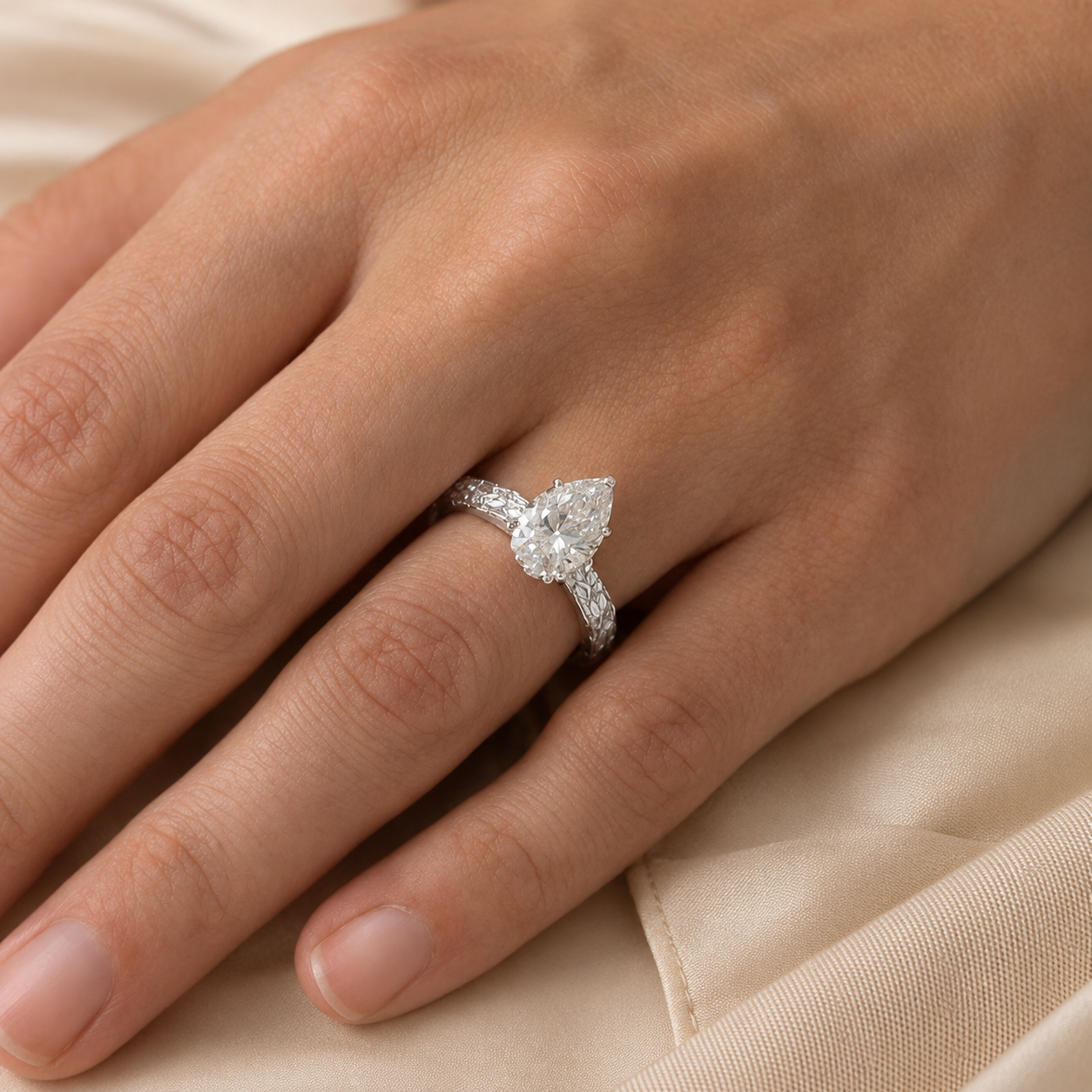 2.00 CT Vintage Inspired Pear Cut Lab-Grown Diamond Engagement Ring in 14K White Gold – Hand-Engraved Floral Art Deco Design