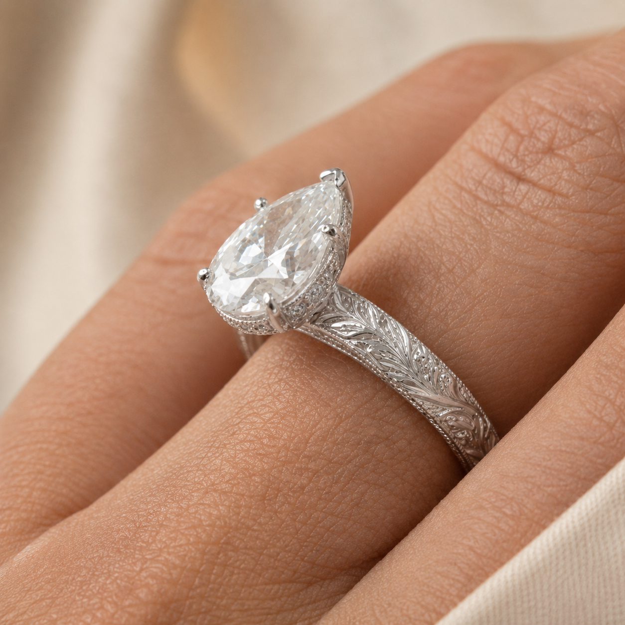 2.00 CT Vintage Inspired Pear Cut Lab-Grown Diamond Engagement Ring in 14K White Gold – Hand-Engraved Floral Art Deco Design