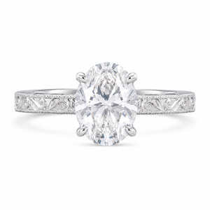 4.00 CT Oval Cut Lab-Grown Diamond Engagement Ring in 14K White Gold – Engraved Victorian Hidden Halo Design