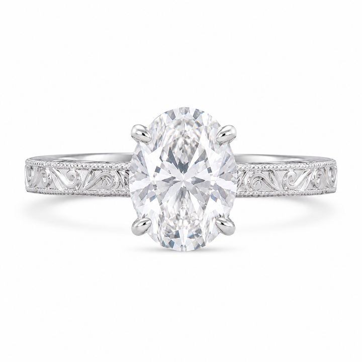 4.00 CT Oval Cut Lab-Grown Diamond Engagement Ring in 14K White Gold â€“ Engraved Victorian Hidden Halo Design from Diamond Studio