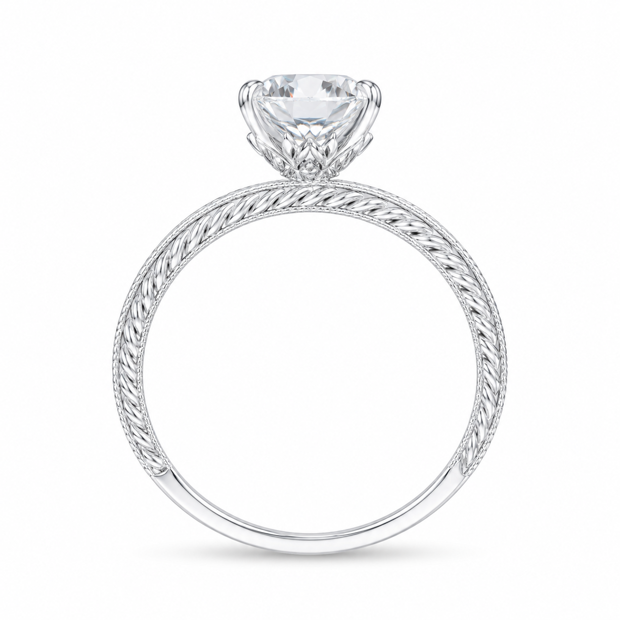4.00 CT Oval Cut Lab-Grown Diamond Engagement Ring in 14K White Gold – Engraved Victorian Hidden Halo Design