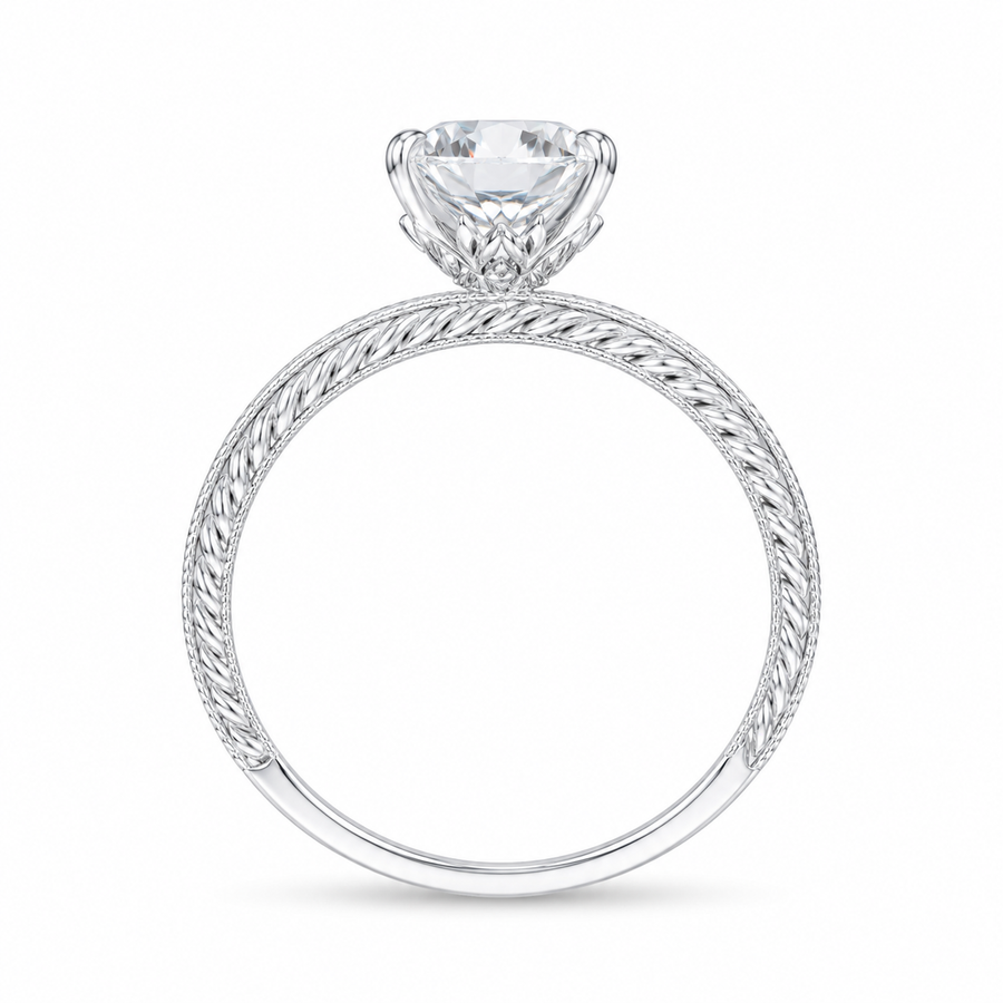 4.00 CT Oval Cut Lab-Grown Diamond Engagement Ring in 14K White Gold – Engraved Victorian Hidden Halo Design