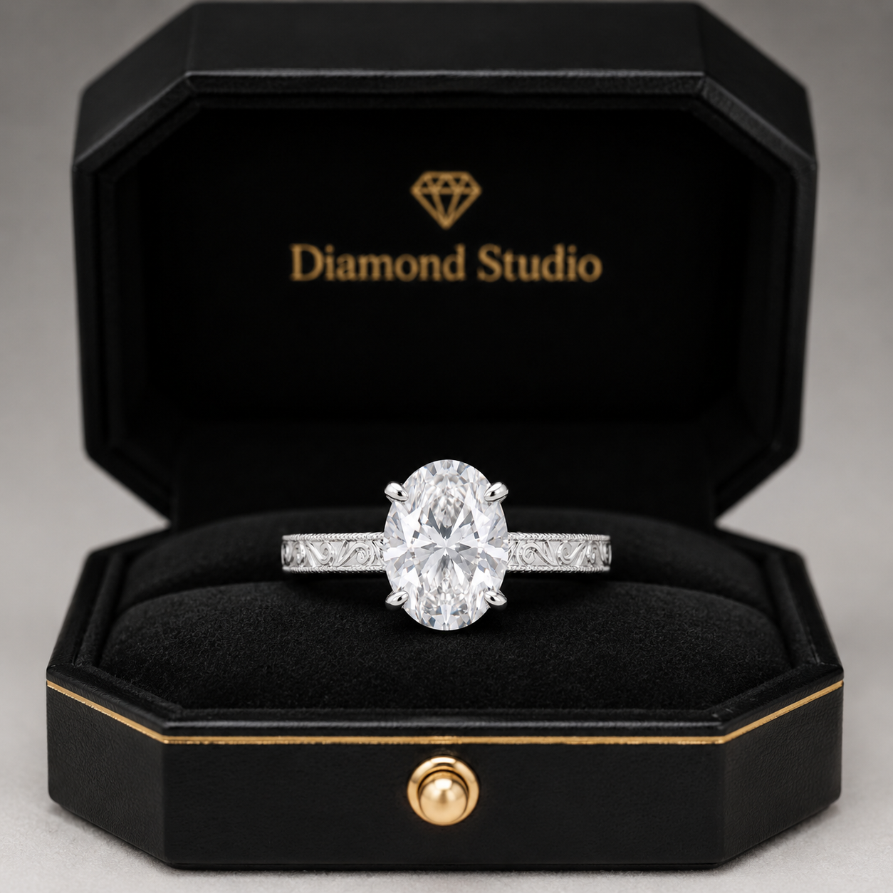 4.00 CT Oval Cut Lab-Grown Diamond Engagement Ring in 14K White Gold – Engraved Victorian Hidden Halo Design