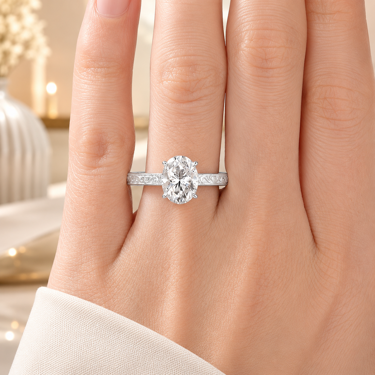 4.00 CT Oval Cut Lab-Grown Diamond Engagement Ring in 14K White Gold – Engraved Victorian Hidden Halo Design