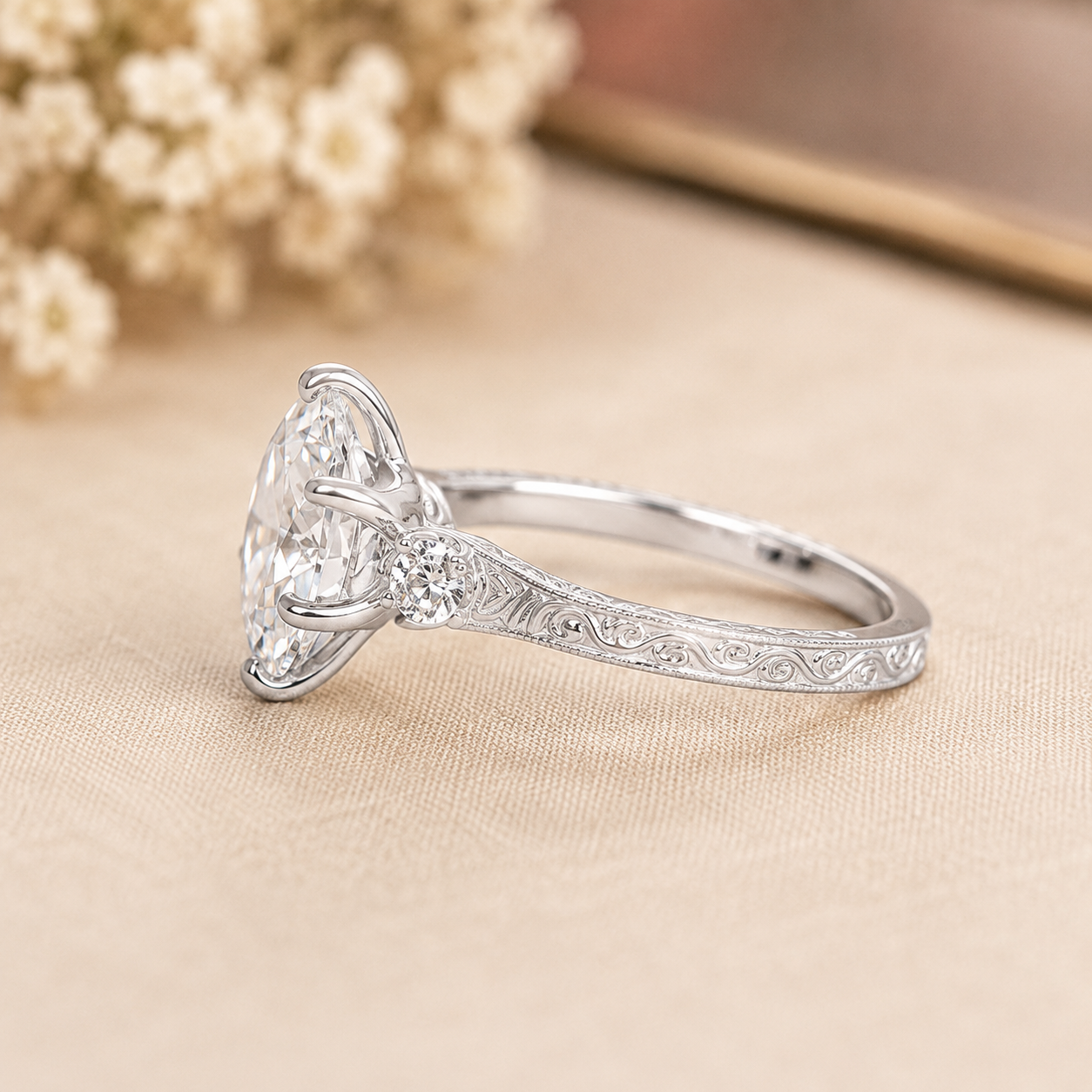 1.50 CT Round Cut Lab-Grown Diamond Wedding Ring in 14K White Gold – Art Deco Engraved Filigree Design