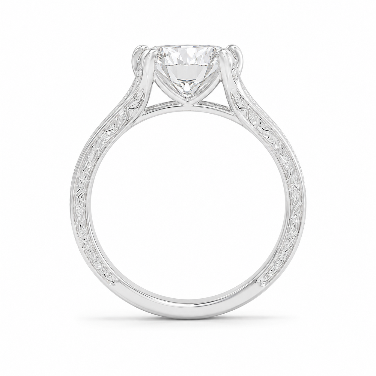 1.50 CT Vintage East West Oval Lab-Grown Diamond Engagement Ring in 14K White Gold – Custom Filigree Engraved Claw Prong Design