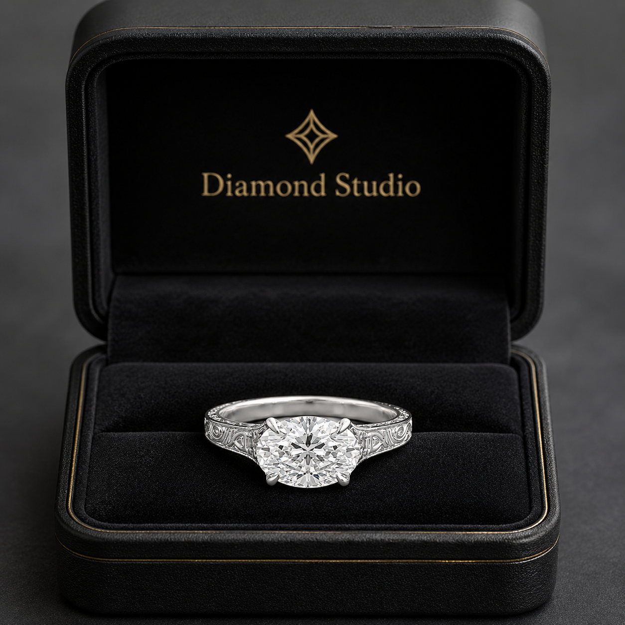 1.50 CT Vintage East West Oval Lab-Grown Diamond Engagement Ring in 14K White Gold – Custom Filigree Engraved Claw Prong Design