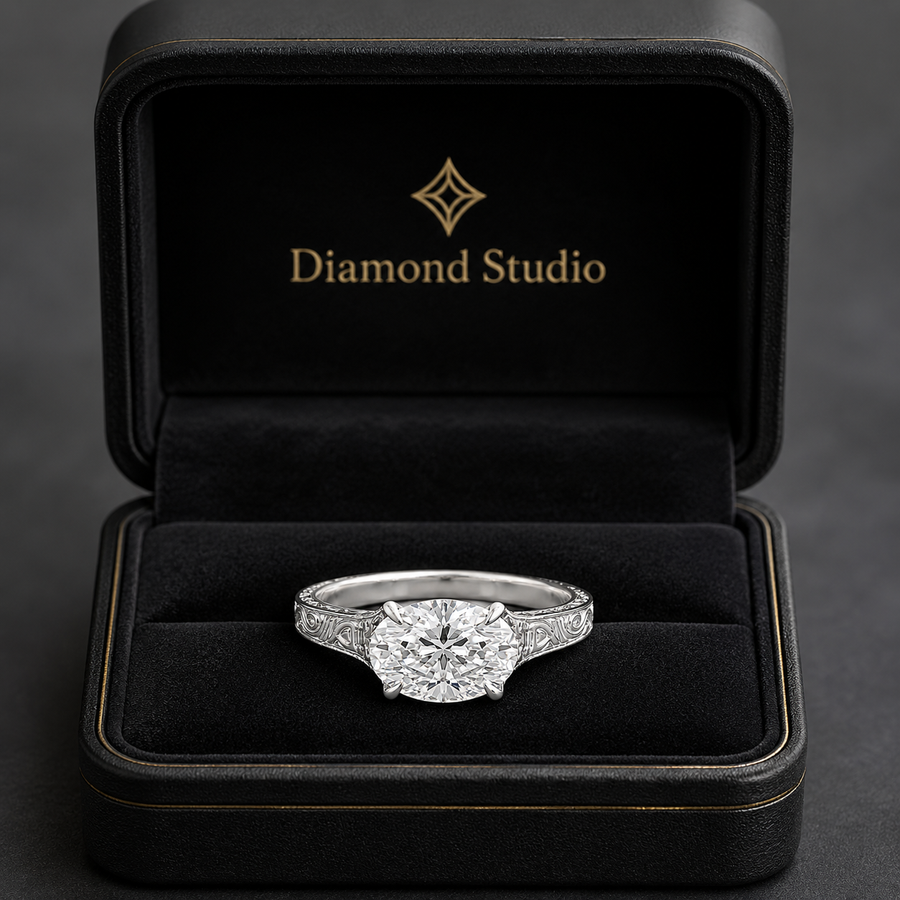 1.50 CT Vintage East West Oval Lab-Grown Diamond Engagement Ring in 14K White Gold – Custom Filigree Engraved Claw Prong Design