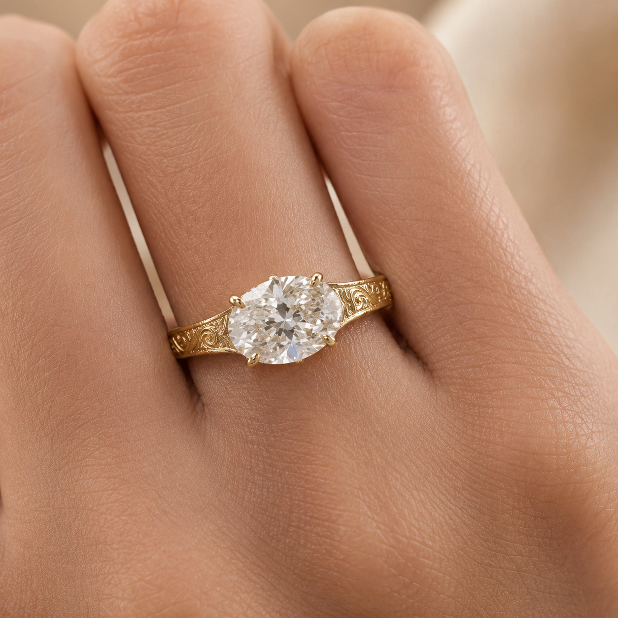 1.50 CT Vintage East West Oval Lab-Grown Diamond Engagement Ring in 14K White Gold – Custom Filigree Engraved Claw Prong Design
