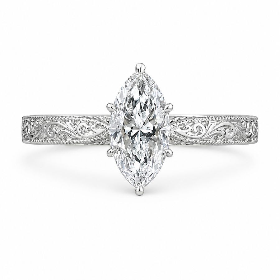 1.00 CT Marquise Cut Lab-Grown Diamond Wedding Ring in 14K White Gold – Vintage Engraved Leafy Pattern Band