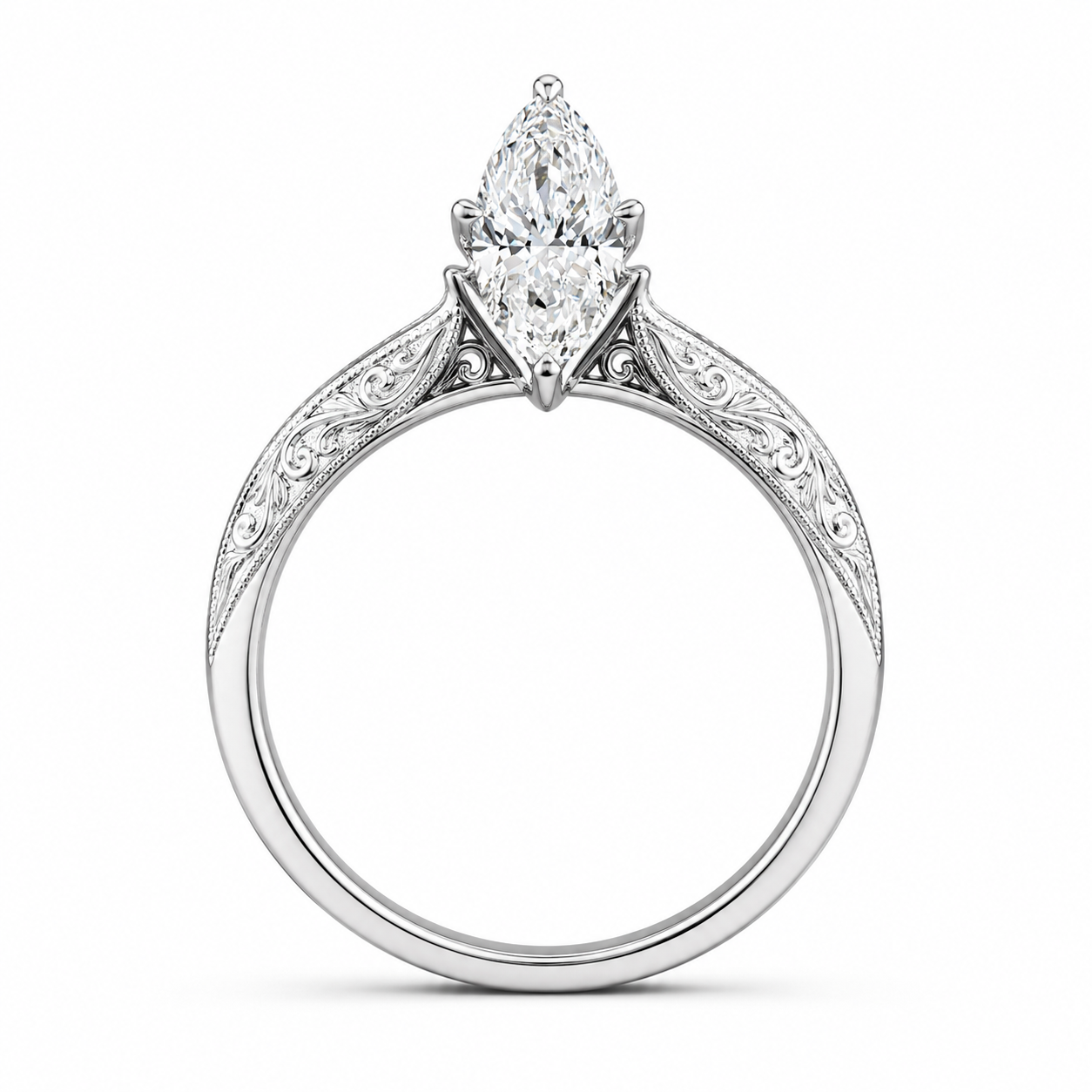 1.00 CT Marquise Cut Lab-Grown Diamond Wedding Ring in 14K White Gold – Vintage Engraved Leafy Pattern Band