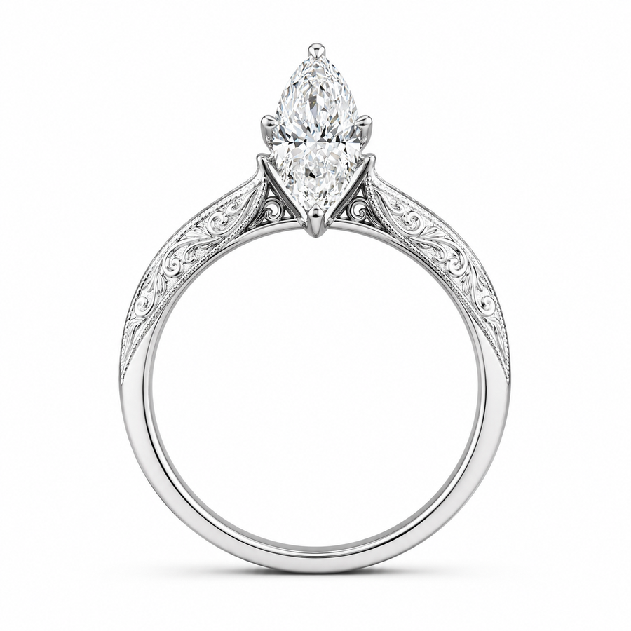 1.00 CT Marquise Cut Lab-Grown Diamond Wedding Ring in 14K White Gold – Vintage Engraved Leafy Pattern Band