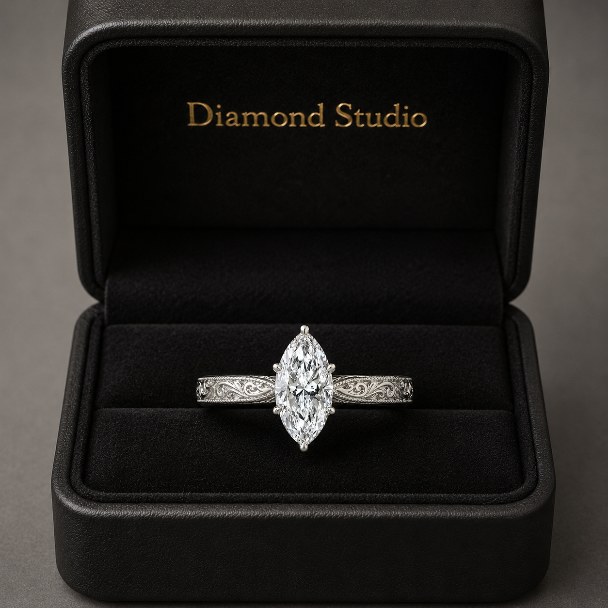 1.00 CT Marquise Cut Lab-Grown Diamond Wedding Ring in 14K White Gold – Vintage Engraved Leafy Pattern Band