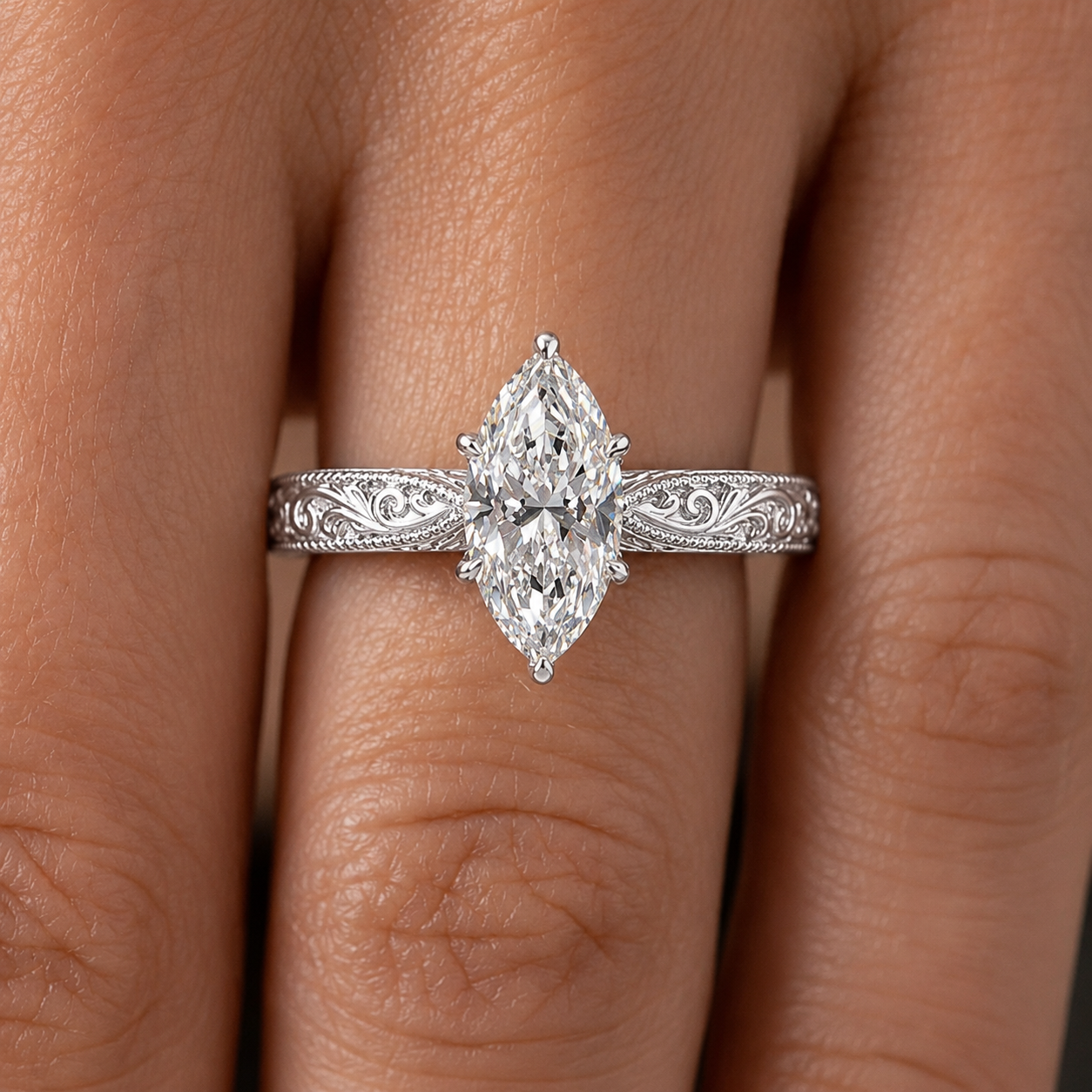 1.00 CT Marquise Cut Lab-Grown Diamond Wedding Ring in 14K White Gold – Vintage Engraved Leafy Pattern Band