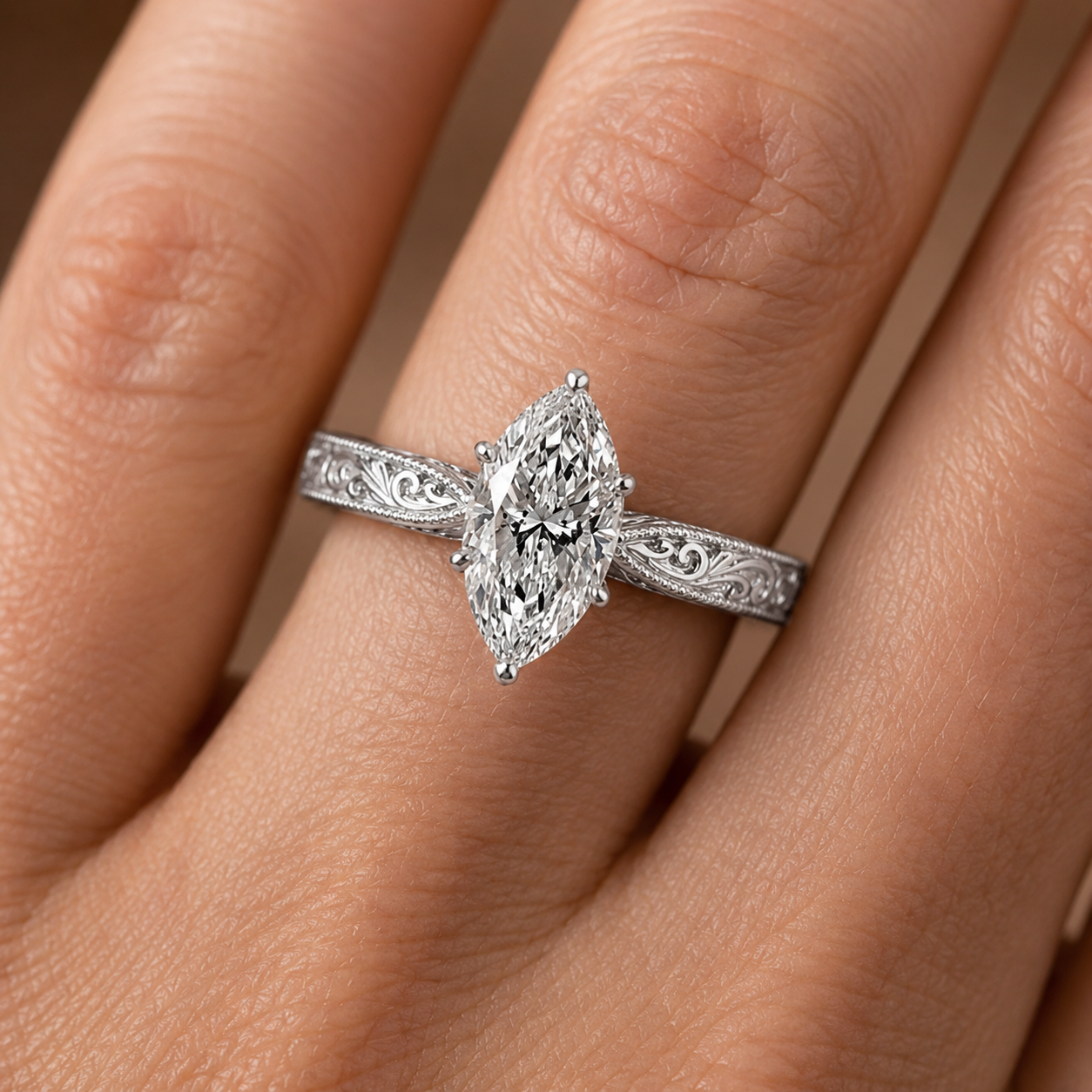 1.00 CT Marquise Cut Lab-Grown Diamond Wedding Ring in 14K White Gold – Vintage Engraved Leafy Pattern Band