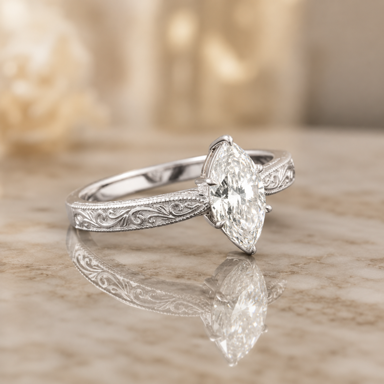 1.00 CT Marquise Cut Lab-Grown Diamond Wedding Ring in 14K White Gold – Vintage Engraved Leafy Pattern Band