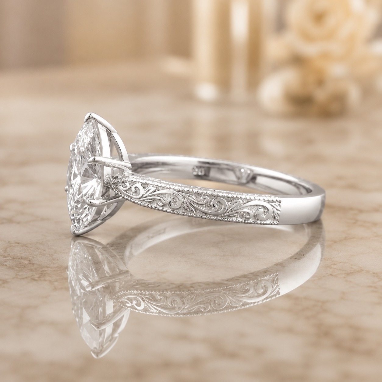 1.00 CT Marquise Cut Lab-Grown Diamond Wedding Ring in 14K White Gold – Vintage Engraved Leafy Pattern Band