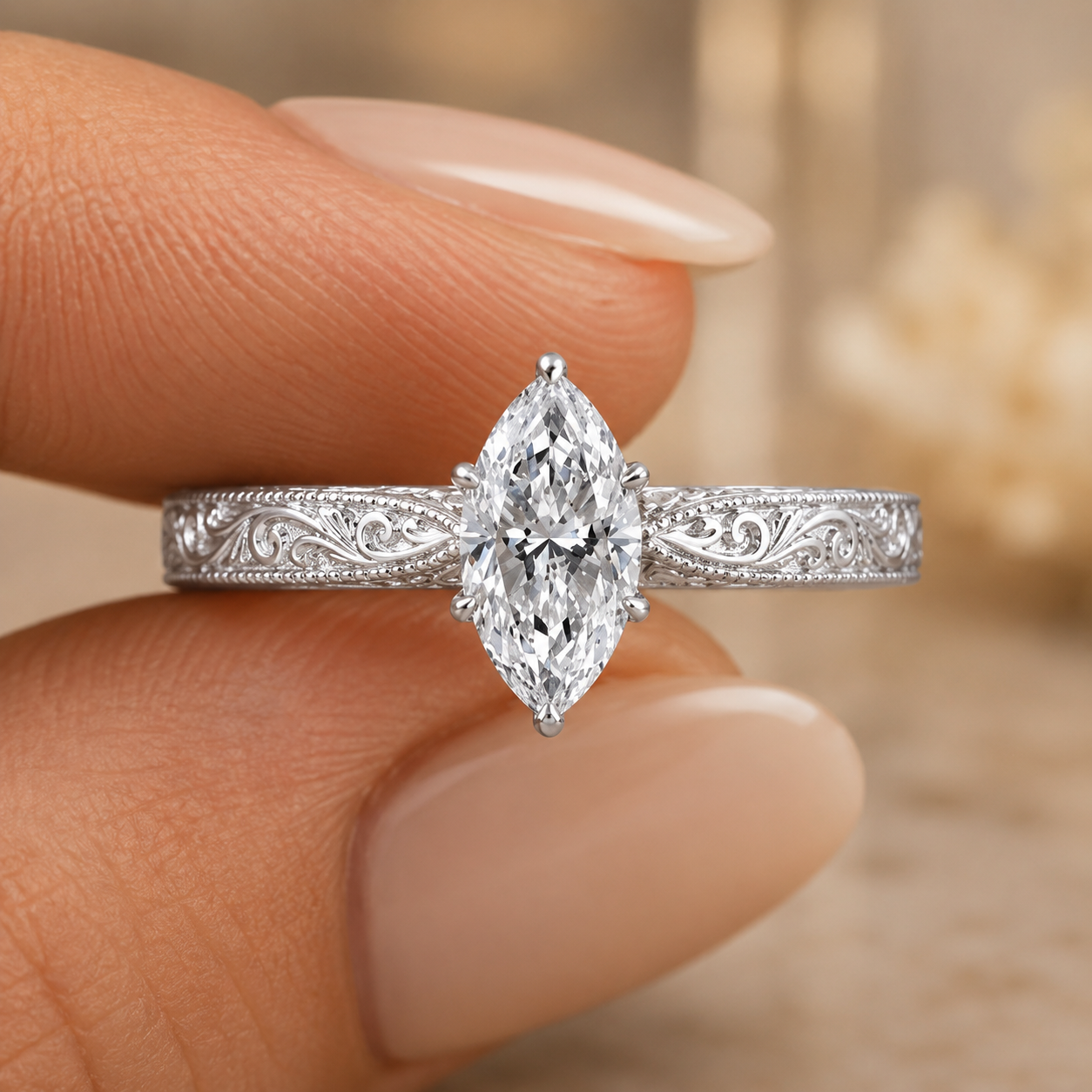1.00 CT Marquise Cut Lab-Grown Diamond Wedding Ring in 14K White Gold – Vintage Engraved Leafy Pattern Band