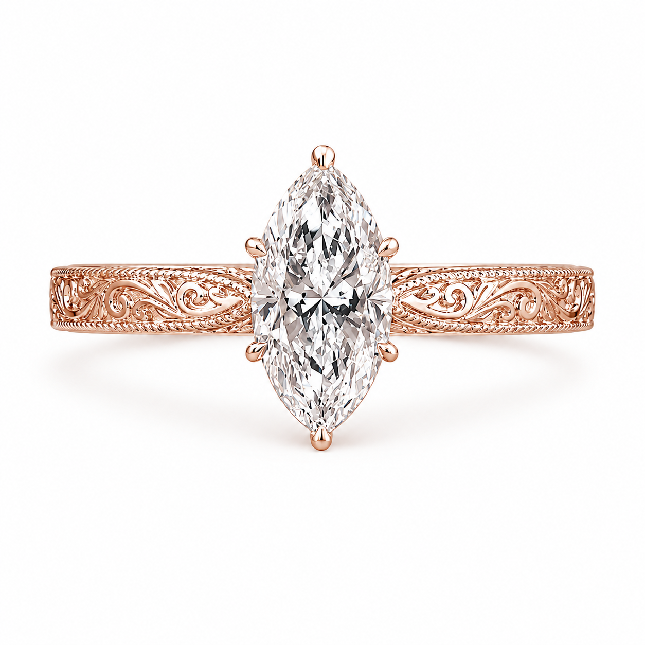 1.00 CT Marquise Cut Lab-Grown Diamond Wedding Ring in 14K White Gold – Vintage Engraved Leafy Pattern Band