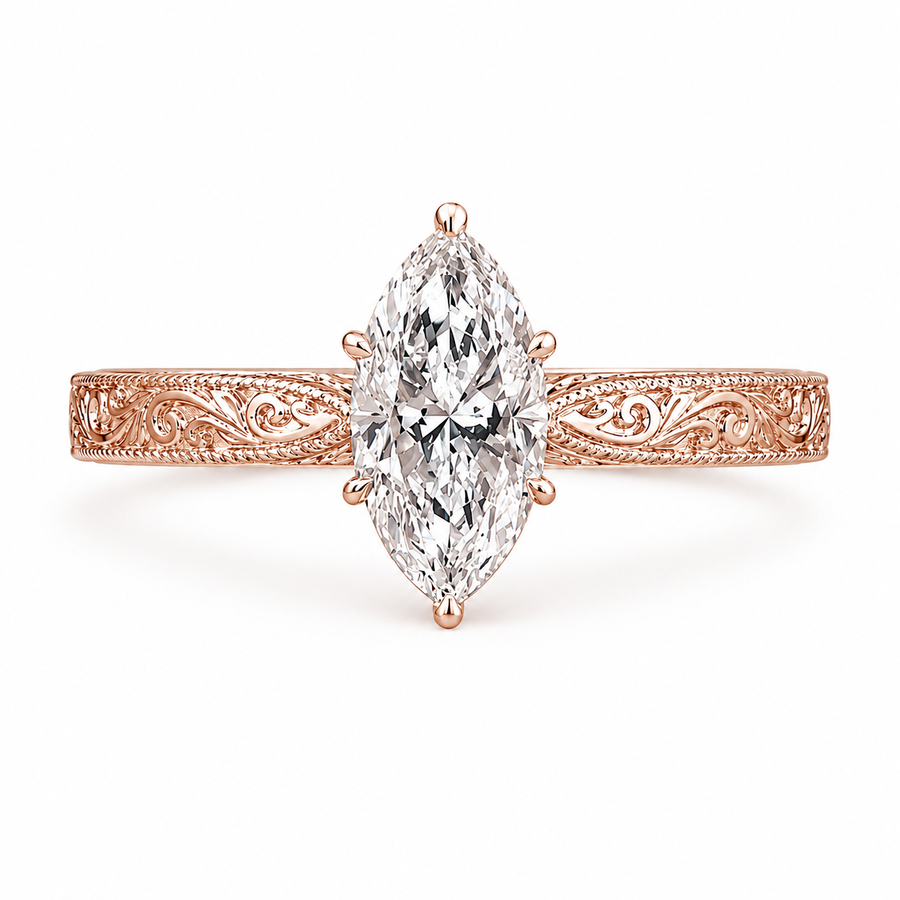 1.00 CT Marquise Cut Lab-Grown Diamond Wedding Ring in 14K White Gold – Vintage Engraved Leafy Pattern Band
