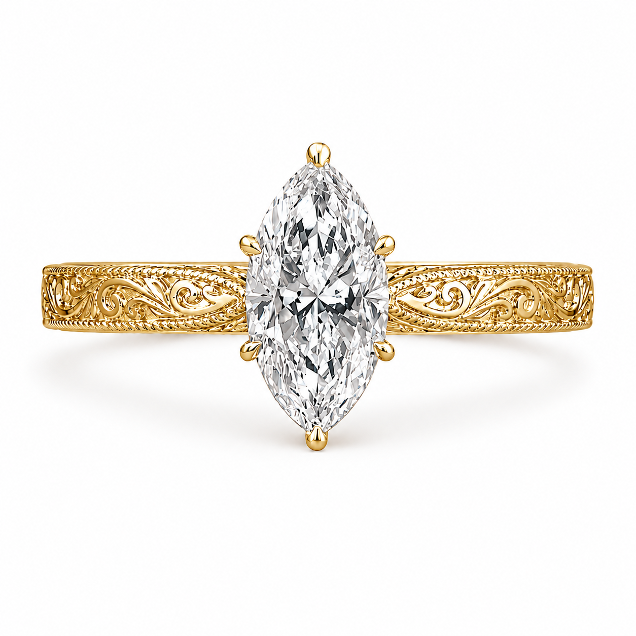 1.00 CT Marquise Cut Lab-Grown Diamond Wedding Ring in 14K White Gold – Vintage Engraved Leafy Pattern Band