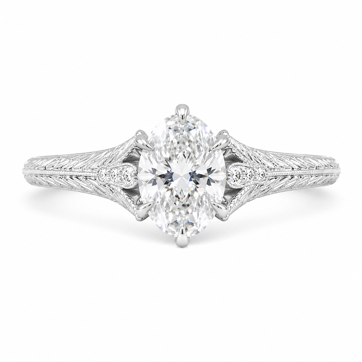 5.00 CT Oval Lab-Grown Diamond Engagement Ring in 14K White Gold – Hand-Engraved Wheat Leaf Design
