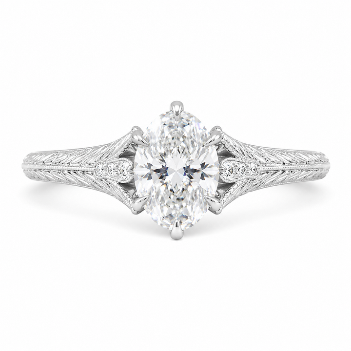 5.00 CT Oval Lab-Grown Diamond Engagement Ring in 14K White Gold â€“ Hand-Engraved Wheat Leaf Design from Diamond Studio