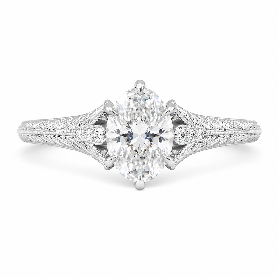 5.00 CT Oval Lab-Grown Diamond Engagement Ring in 14K White Gold – Hand-Engraved Wheat Leaf Design