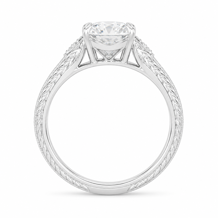 5.00 CT Oval Lab-Grown Diamond Engagement Ring in 14K White Gold – Hand-Engraved Wheat Leaf Design