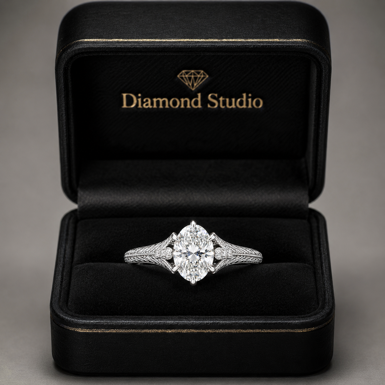 5.00 CT Oval Lab-Grown Diamond Engagement Ring in 14K White Gold – Hand-Engraved Wheat Leaf Design